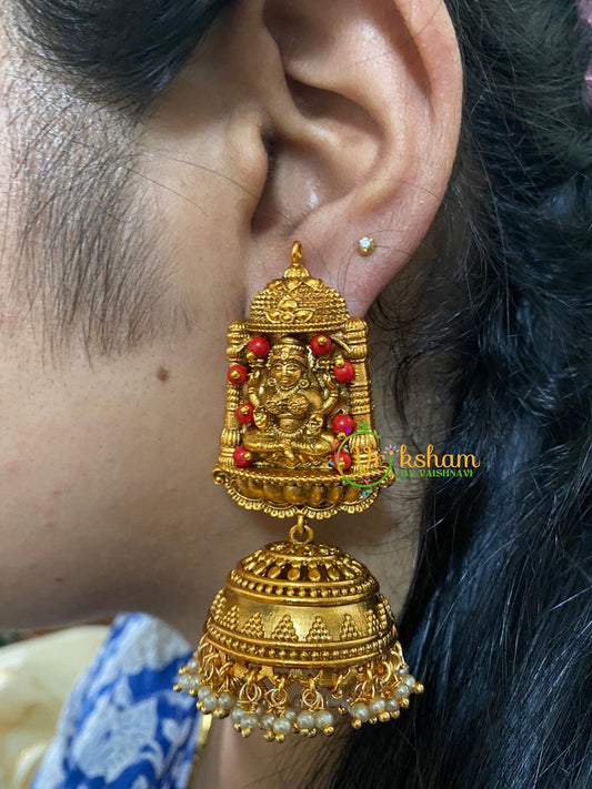 Beaded Traditional Lakshmi Temple Jhumkas-Red-G3134