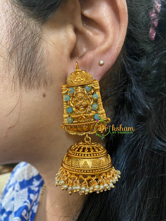 Beaded Traditional Lakshmi Temple Jhumkas-Sage Green-G3132