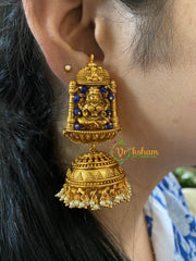 Beaded Traditional Lakshmi Temple Jhumkas-Dark Blue-G3127