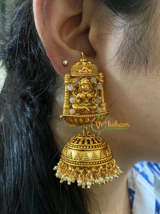 Beaded Traditional Lakshmi Temple Jhumkas- Light Grey-G3135