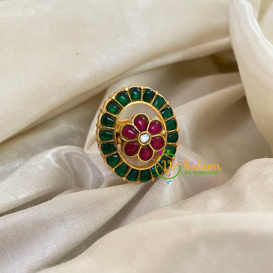 Precious Jadau Kundan Floral Finger Ring-Red Green 3-G4340