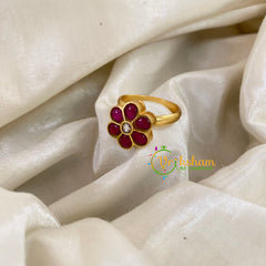 Precious Jadau Kundan Floral Finger Ring-Red White 7-J1118