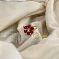 Precious Jadau Kundan Floral Finger Ring-Red White 7-J1118