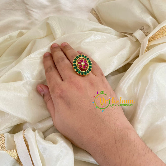 Precious Jadau Kundan Floral Finger Ring-Red Green 3-G4340