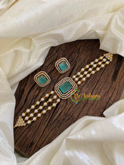 Layered Pearl Victorian Diamond High Neck Choker-Aqua Green-Square-VV966