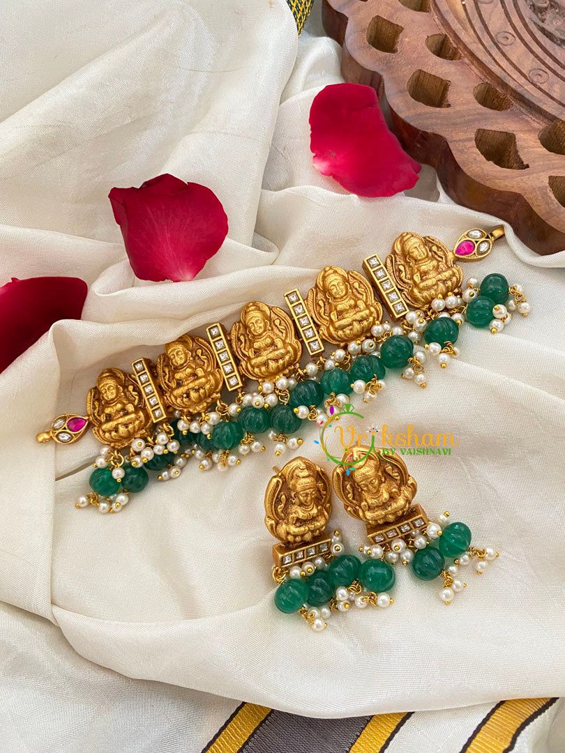 Jadau Kundan Lakshmi High neck Choker-Green Bead-J400