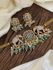 Dual Elephant Victorian Diamond High Neck Choker-Pastel Green-VV972