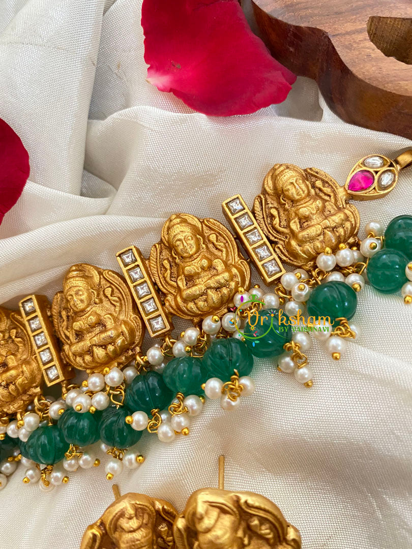 Jadau Kundan Lakshmi High neck Choker-Green Bead-J400