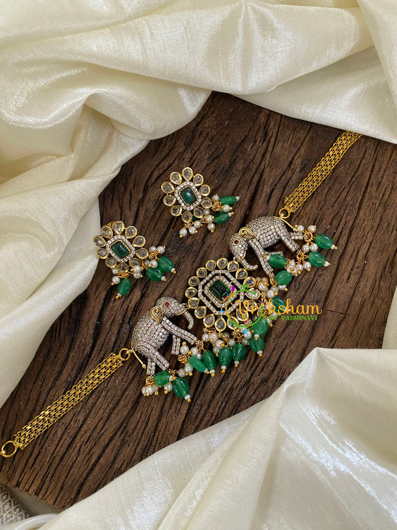 Dual Elephant Victorian Diamond High Neck Choker-Green-VV971