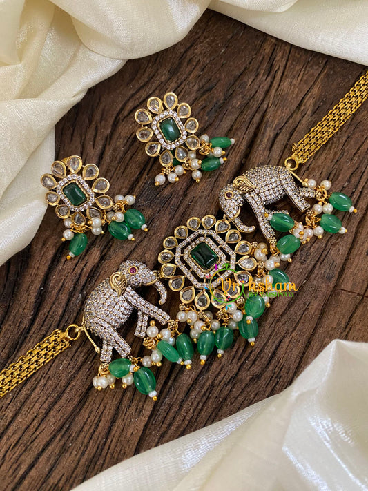 Dual Elephant Victorian Diamond High Neck Choker-Green-VV971