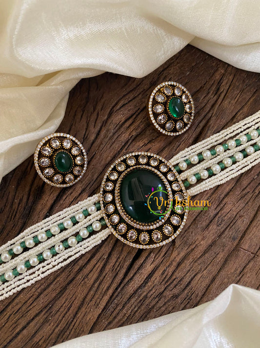 Layered Pearl Victorian Diamond High Neck Choker-Emerald Green-VV962