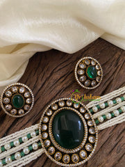 Layered Pearl Victorian Diamond High Neck Choker-Emerald Green-VV962