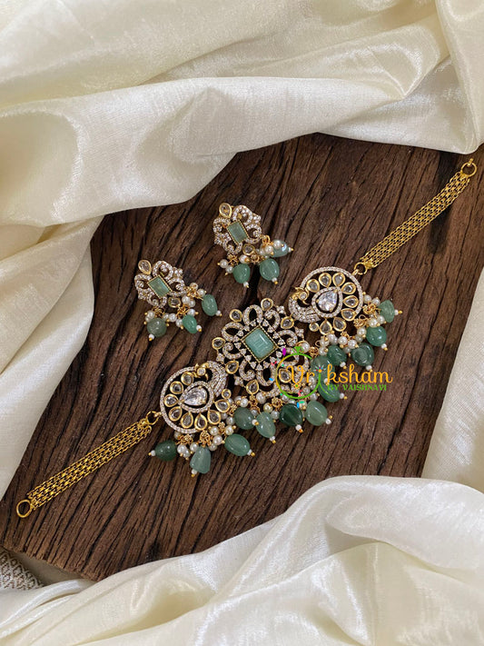 Dual Peacock Victorian Diamond High Neck Choker-Pastel Green-VV951