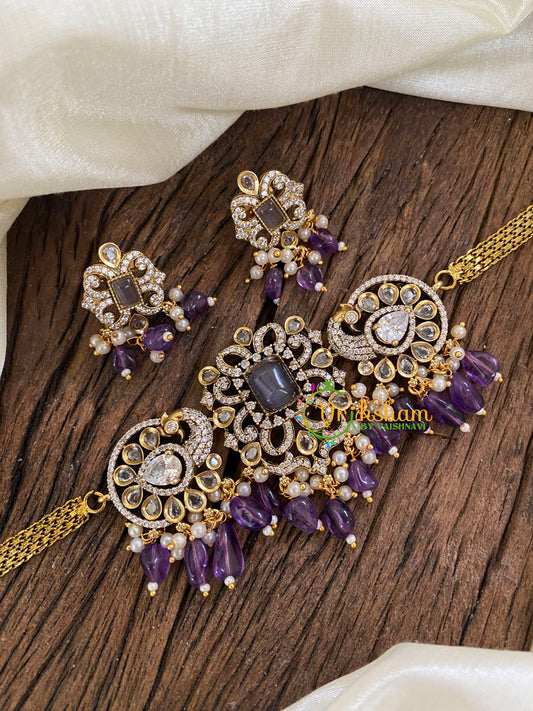 Dual Peacock Victorian Diamond High Neck Choker-Purple-VV952