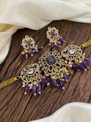 Dual Peacock Victorian Diamond High Neck Choker-Purple-VV952