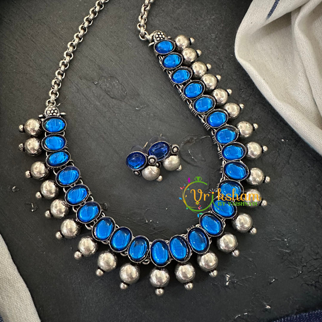 Blue Kolhapuri Oxidized Silver Neckpiece –S635