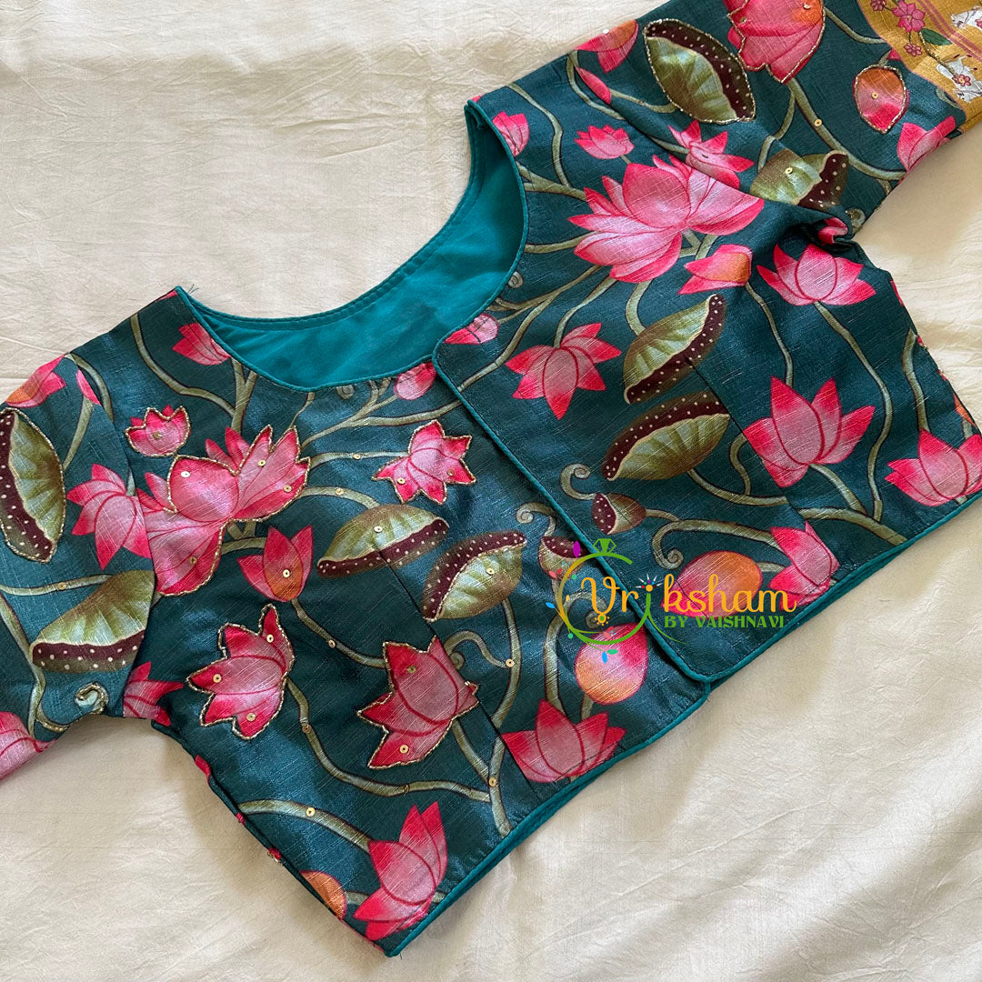 Teal Green Lotus Printed Cotton Silk Blouse  -VS3060