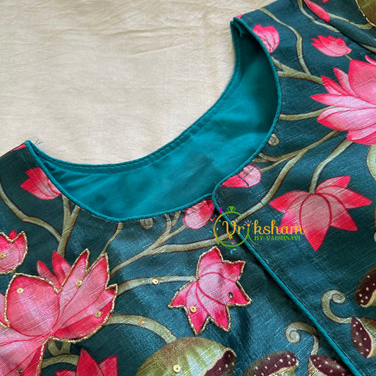Teal Green Lotus Printed Cotton Silk Blouse  -VS3060