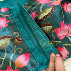 Teal Green Lotus Printed Cotton Silk Blouse  -VS3060