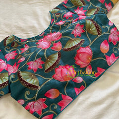 Teal Green Lotus Printed Cotton Silk Blouse  -VS3060