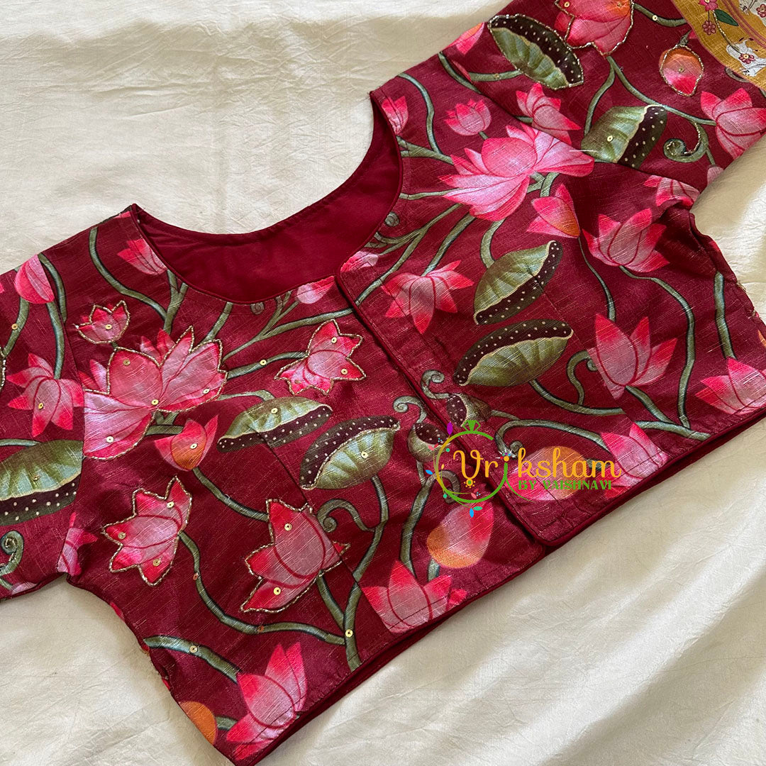 Maroonish Red Lotus Printed Cotton Silk Blouse  -VS3071