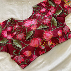 Maroonish Red Lotus Printed Cotton Silk Blouse  -VS3071