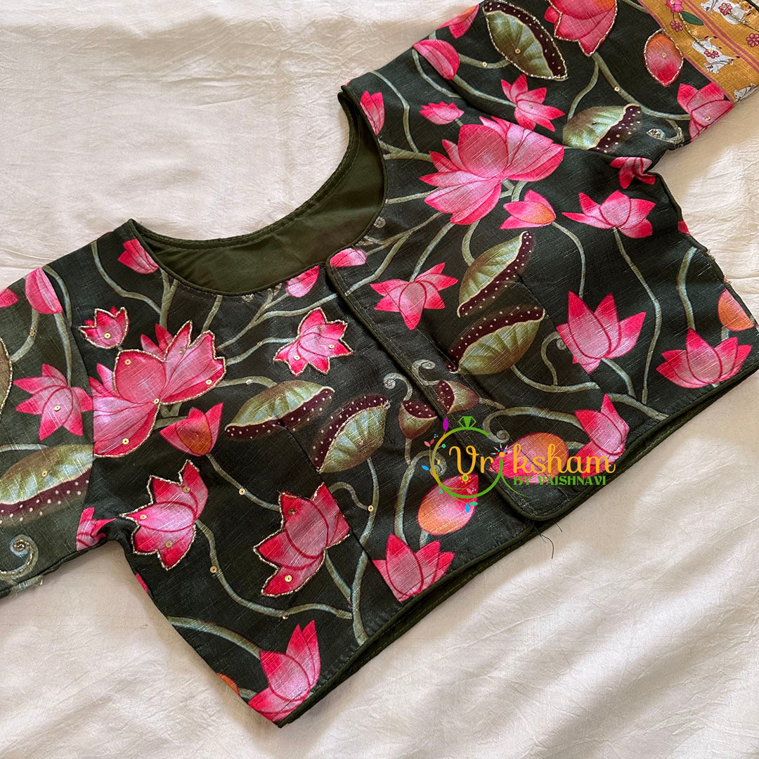 Olive Green Lotus Printed Cotton Silk Blouse  -VS3070