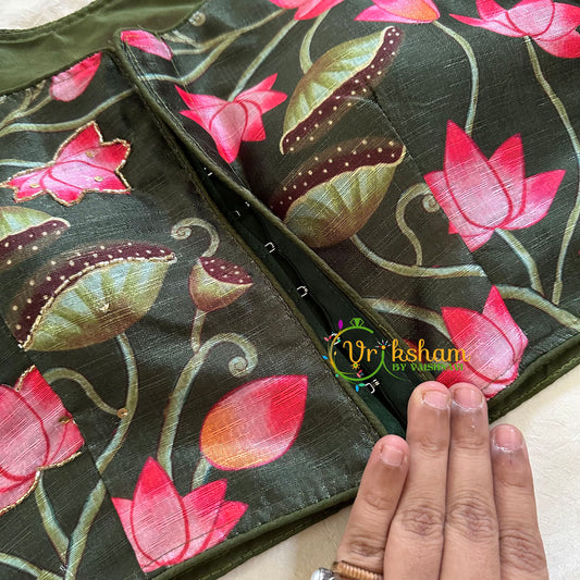 Olive Green Lotus Printed Cotton Silk Blouse  -VS3070