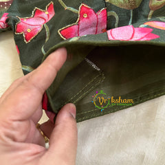 Olive Green Lotus Printed Cotton Silk Blouse  -VS3070