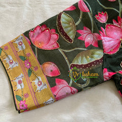 Olive Green Lotus Printed Cotton Silk Blouse  -VS3070