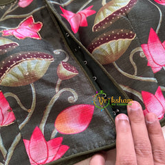 Olive Green Lotus Printed Cotton Silk Blouse  -VS3070
