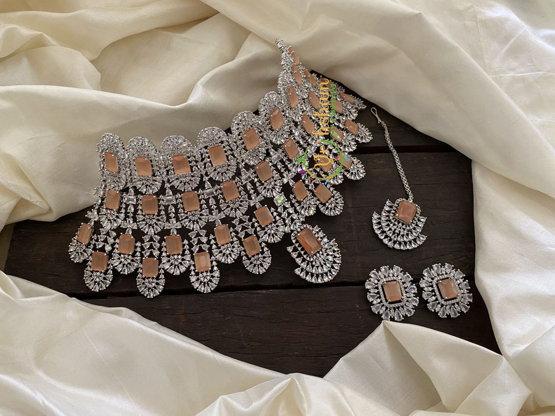 Peach Kiara Advani Bridal Choker Set- American Diamond Bridal Set -G7906