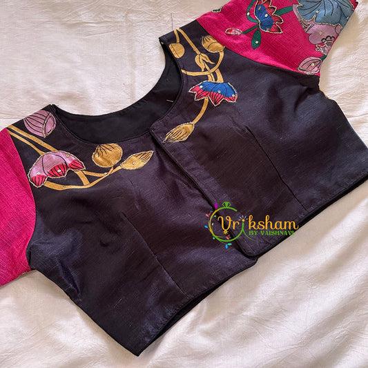 Black with Pink Printed Cotton Silk Blouse  -VS3066