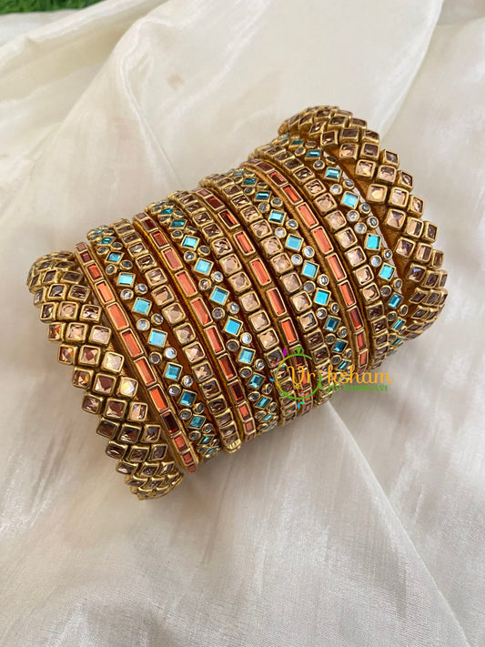 Orange Blue Silk Thread Kundan Bridal Bangle-G4798