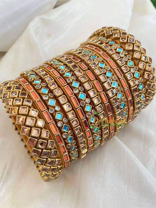 Orange Blue Silk Thread Kundan Bridal Bangle-G4798