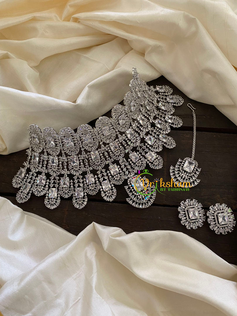 Kiara Advani Bridal Choker Set- American Diamond Bridal Set -White-G7907