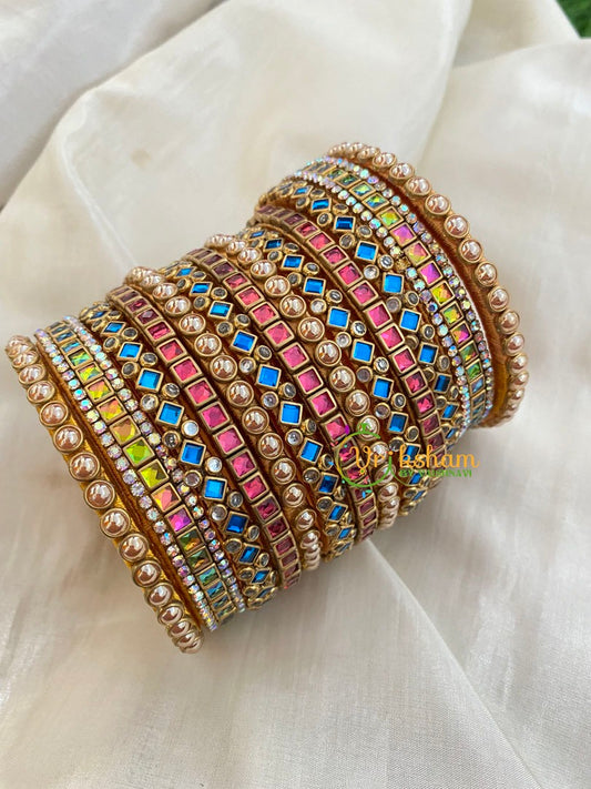 Blue Pink Silk Thread Kundan Bridal Bangle-G4797