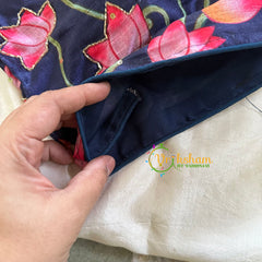 Dark Blue Lotus Printed Cotton Silk Blouse-Readymade Blouse  -VS3061