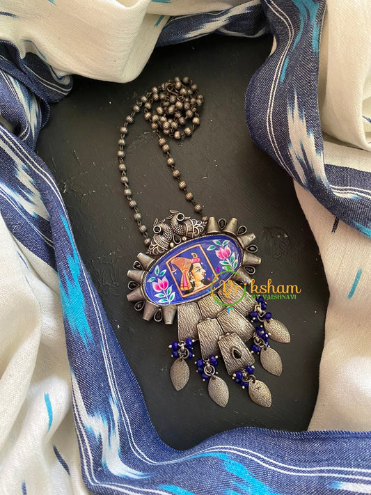 Silver Look Alike Pendant Afghani Chain Neckpiece-Blue -S300