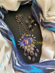 Silver Look Alike Pendant Afghani Chain Neckpiece-Blue -S300