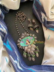Silver Look Alike Pendant Afghani Chain Neckpiece-Green Princess-S301