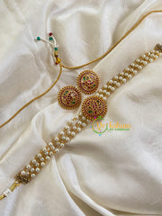 Gold look alike Pearl High Neck Choker-Round Peacock -Red Green-G6023