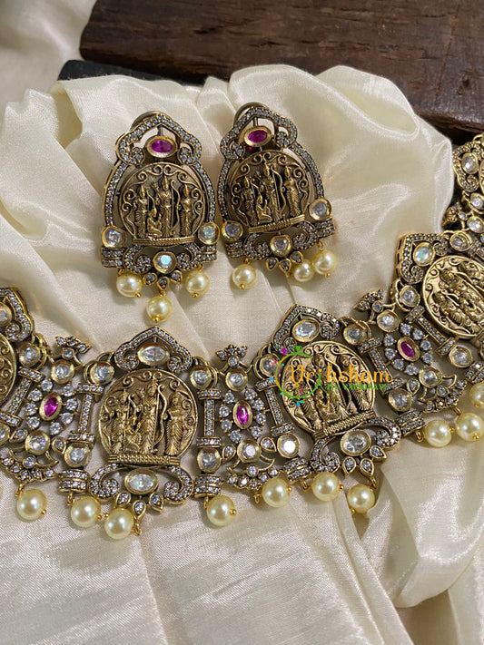 Ram Parivar Victorian Diamond Short Neckpiece -Pink -VV552