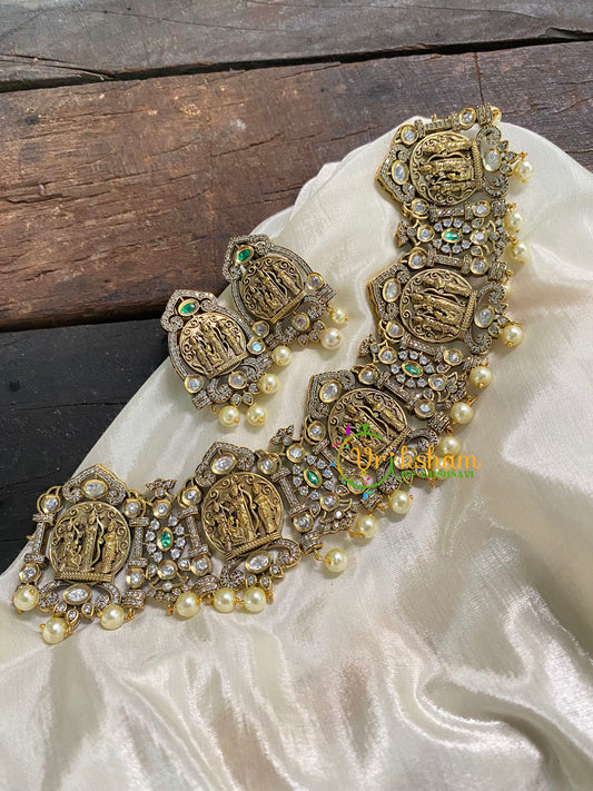 Ram Parivar Victorian Diamond Short Neckpiece -Green -VV551