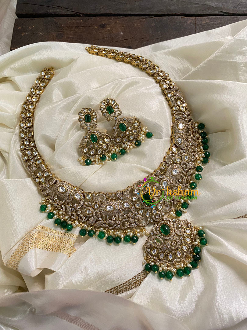 Green Bead Victorian Diamond Long Neckpiece -VV574