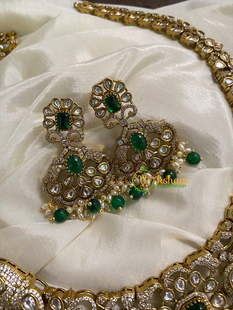 Green Bead Victorian Diamond Long Neckpiece -VV574