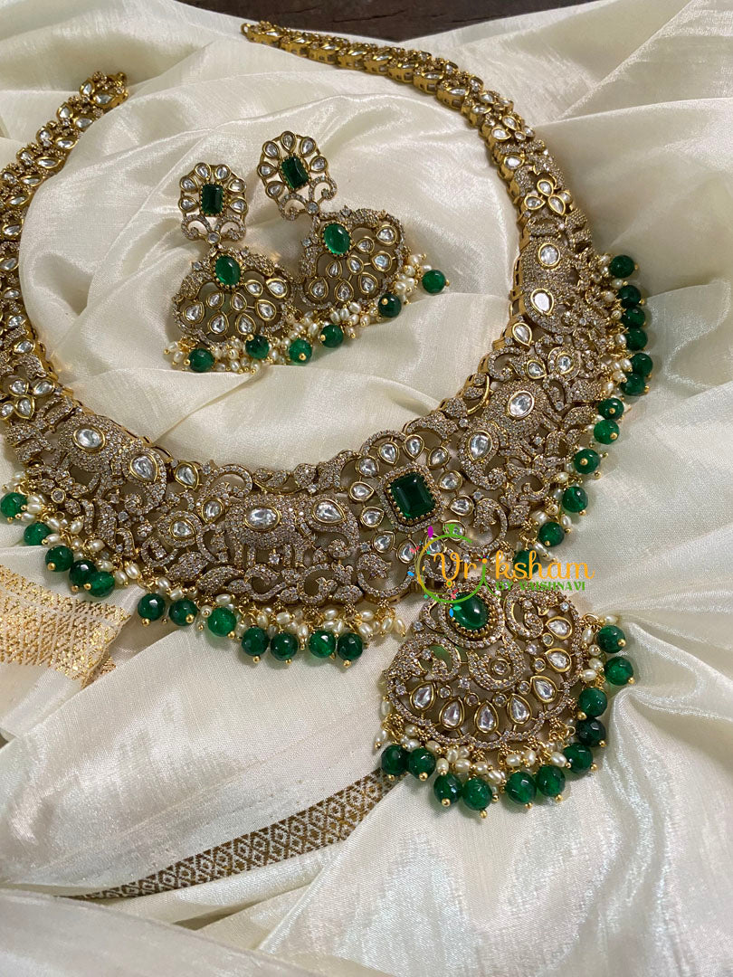 Green Bead Victorian Diamond Long Neckpiece -VV574