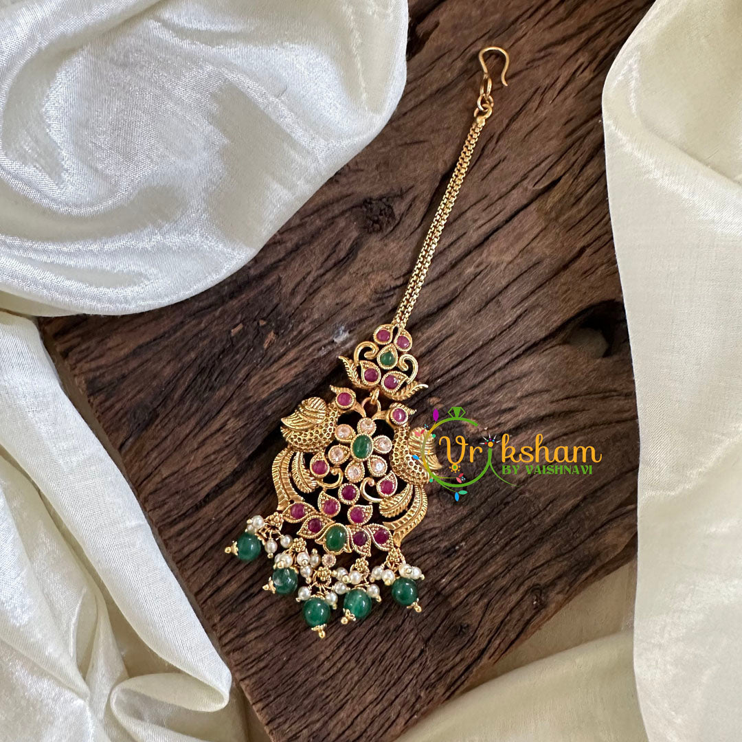 Premium AD Stone Maang Tikka -Green Bead-G10514
