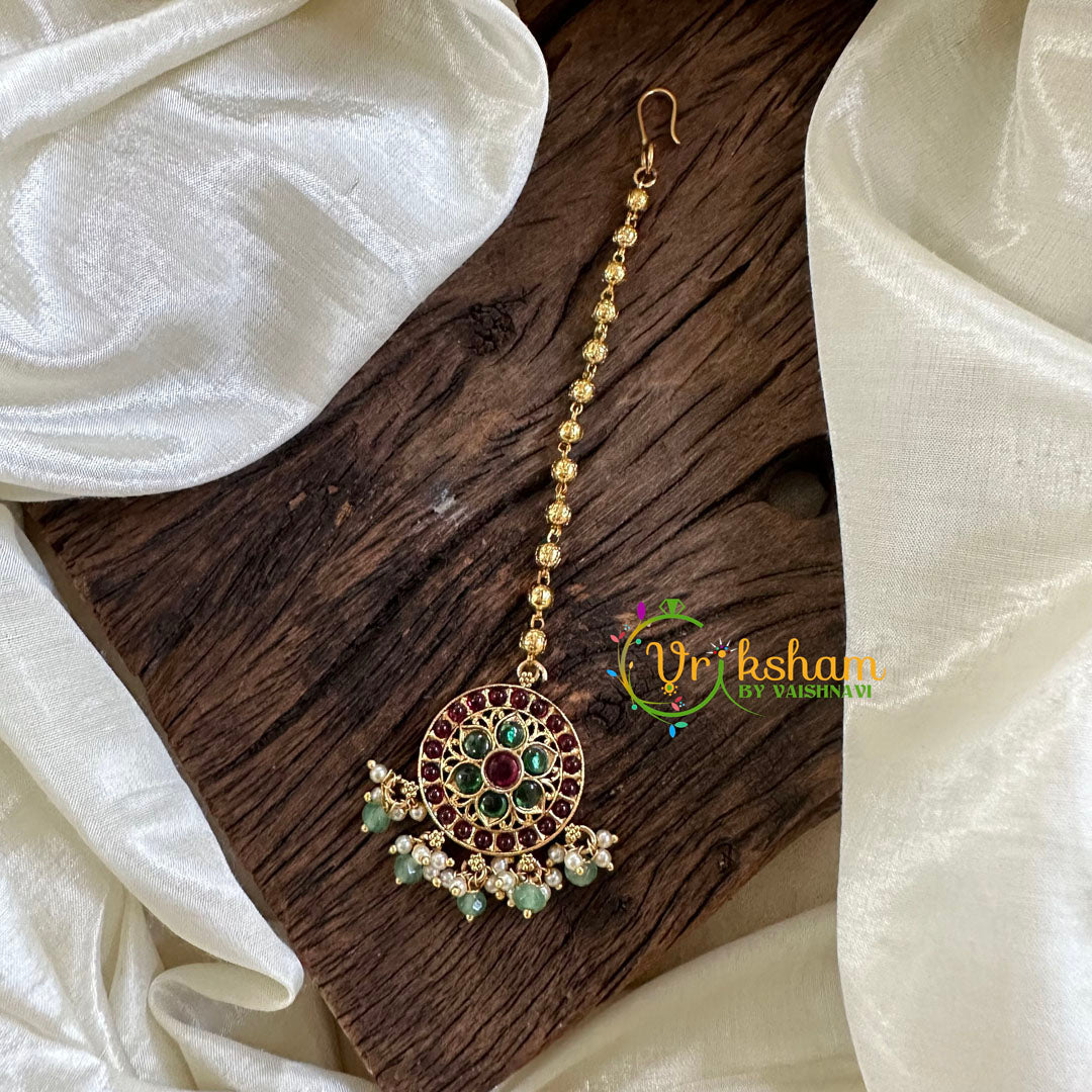 Premium AD Stone Maang Tikka -Green Bead and Pearl-G10515