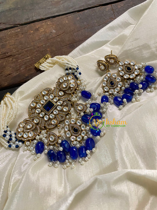 White Bead Layered Victorian Diamond High Neck Choker- Blue -VV524